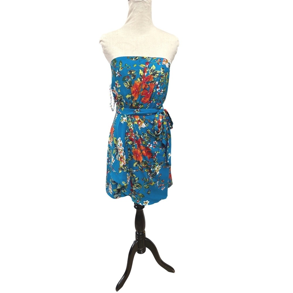NWT Express Blue Floral Strapless Mini Dress Wedding Guest Resort Size 4 - Picture 2 of 9
